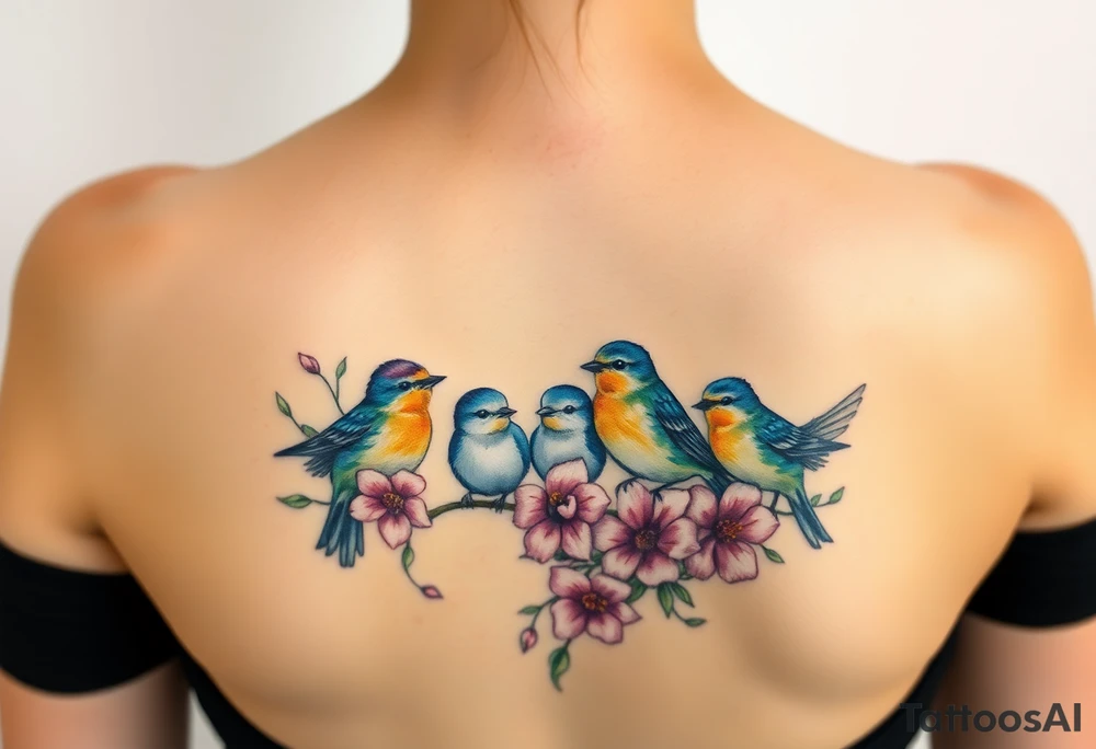 Mom bird and three baby birds with flowers tattoo idea