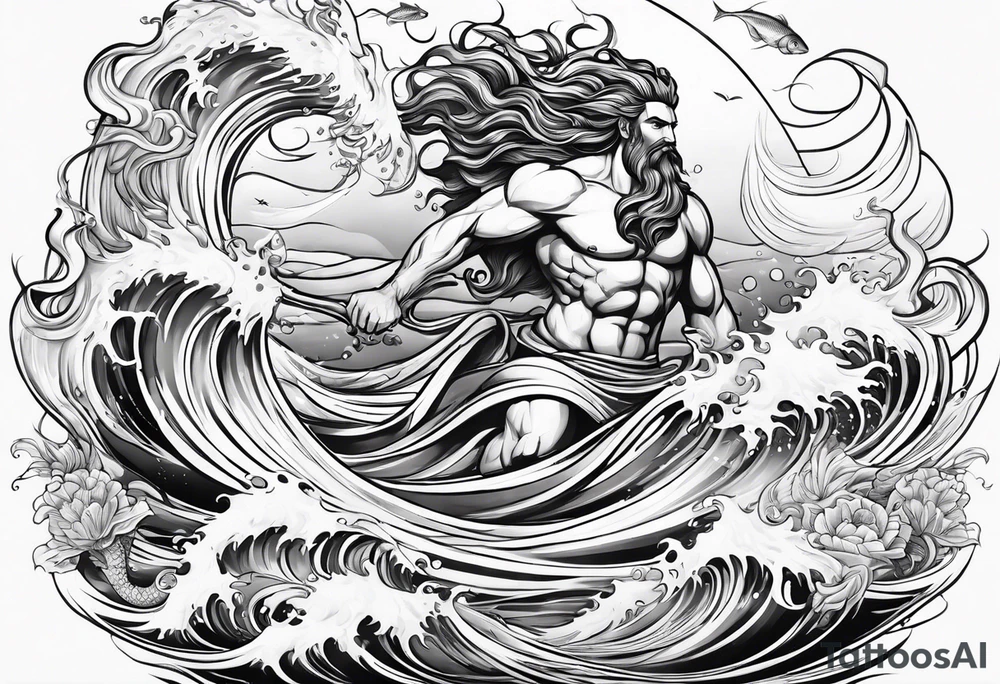 Poseidon with waves and fish tattoo idea