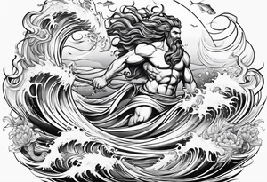 Poseidon with waves and fish tattoo idea