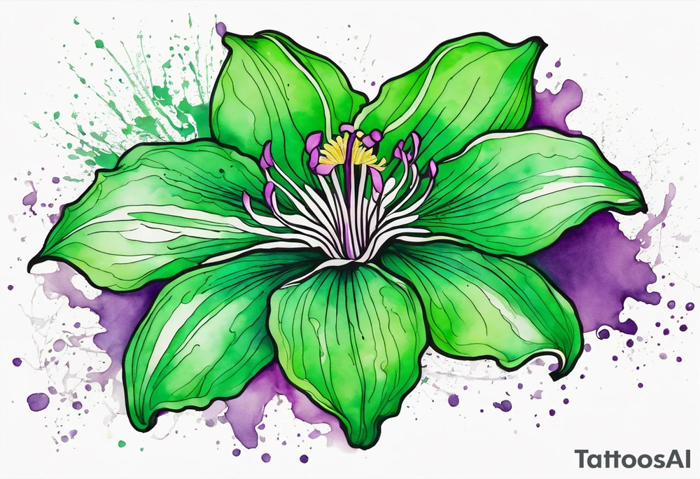 An outline of a green rio dipladenia flower and a green/purple watercolor splash in the background tattoo idea