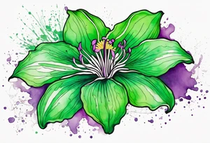 An outline of a green rio dipladenia flower and a green/purple watercolor splash in the background tattoo idea