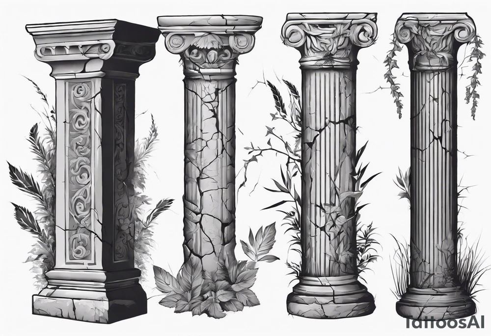 Ancient roman pillar in the Ionian style. It has cracks on it, and on the lower half some overgrown plants. It is broken halfway. tattoo idea