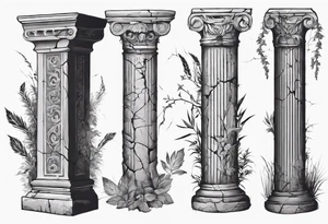 Ancient roman pillar in the Ionian style. It has cracks on it, and on the lower half some overgrown plants. It is broken halfway. tattoo idea