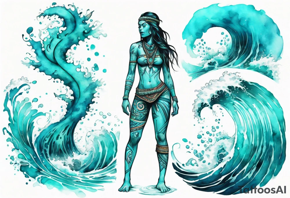 a turquoise Na'vi woman standing in the sea with water for legs surrounded by crashing waves tattoo idea