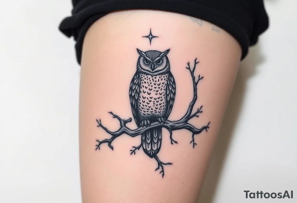 wise owl perched on ancient oak branch under starlit sky tattoo idea