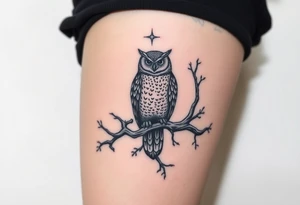 wise owl perched on ancient oak branch under starlit sky tattoo idea