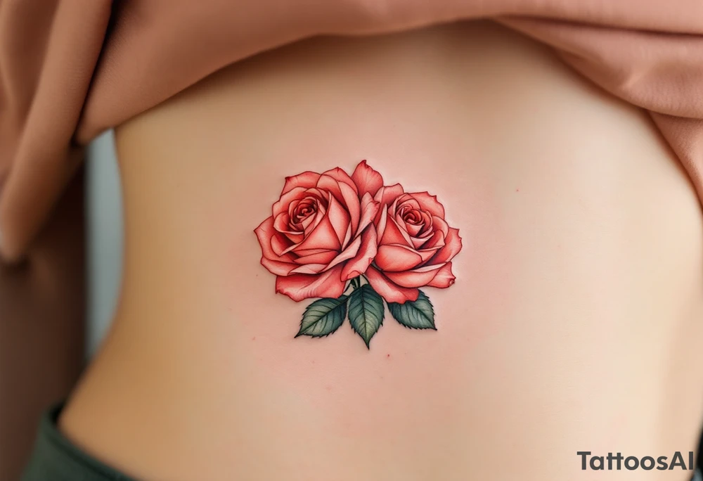 Tiny cluster of three red roses, tightly grouped with dark green leaves, drawn in a micro-realistic style. tattoo idea