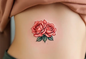 Tiny cluster of three red roses, tightly grouped with dark green leaves, drawn in a micro-realistic style. tattoo idea
