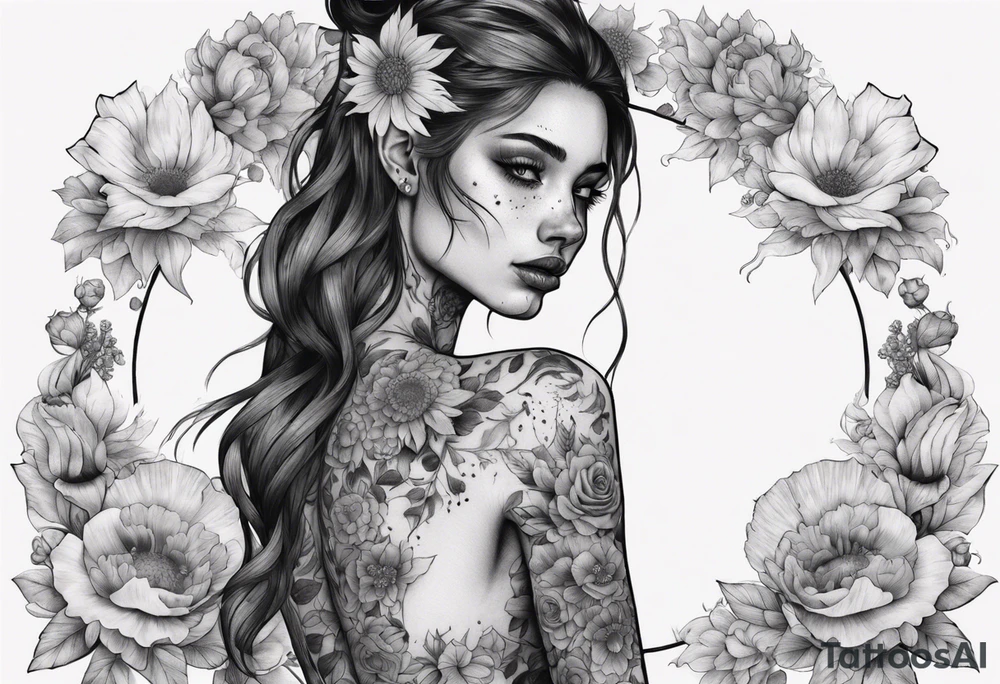 sleeve with many flowers around it and a dark elf girl tattoo idea