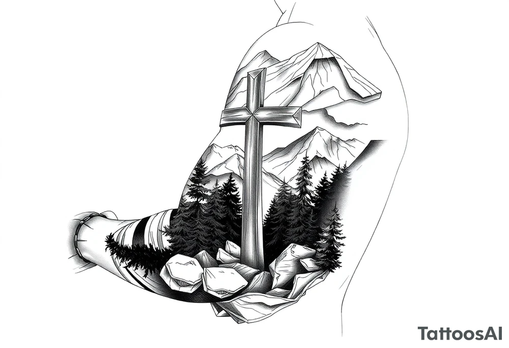russian orthodox cross in a light forrest mountainous setting tattoo idea