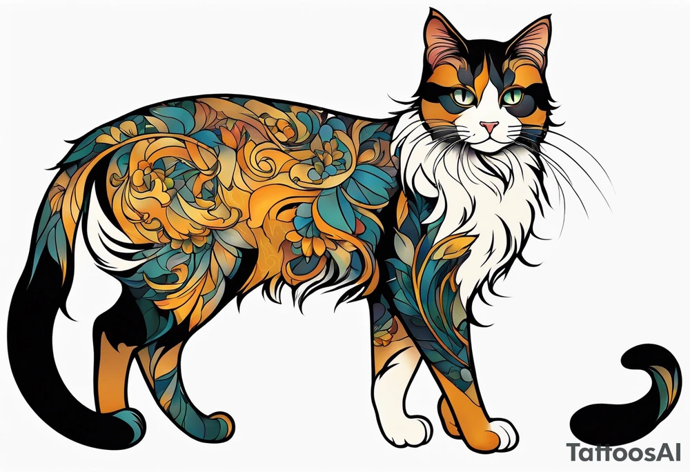 Art nouveau calico cat tattoo idea