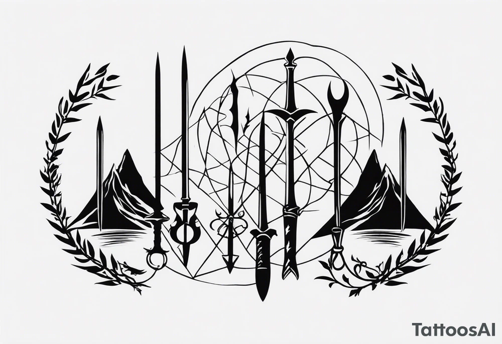 Lord of the rings with Harry Potter incorporated but clear visual of both movies. Small and minimal. Something like the deathly hallows symbol made out of swords and wizard staff from LOTR tattoo idea