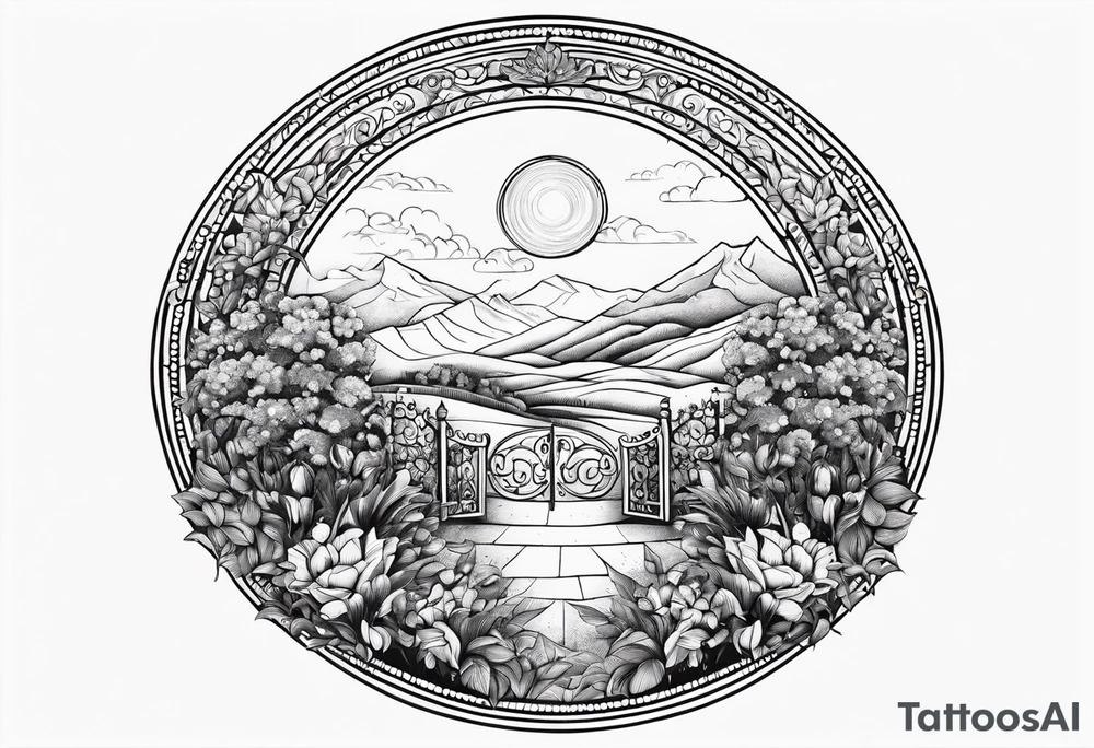 night Nazareth mountains garden gate entrance
in circle vignette surrounded by clouds floral tattoo idea