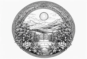 night Nazareth mountains garden gate entrance 
 in circle vignette surrounded by clouds floral tattoo idea