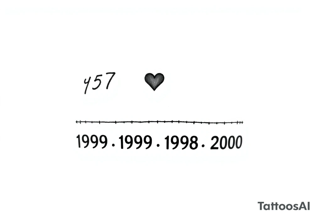Top Line: The parent's birth year (1957) will be at the top, centered.  A small heart will be placed either directly beside it or slightly above it.
 * Timeline Line: A faint, dotted line will extend horizontally from the parent's year, representing the timeline.
 * Children's Years: Four birth years (1980, 1989, 1998, 2000) will be placed below the dotted line, evenly spaced.
Visualizing It:
Imagine it like this:
          1957 <3 
    .......................
    1980   1989   1998   2000
     L          E             K         J tattoo idea