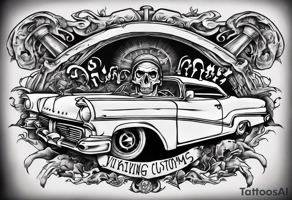 I want a tattoo of an old vintage open ceiling car and a skeleton in the back with the name “Viking Customs” incorporated in the design tattoo idea