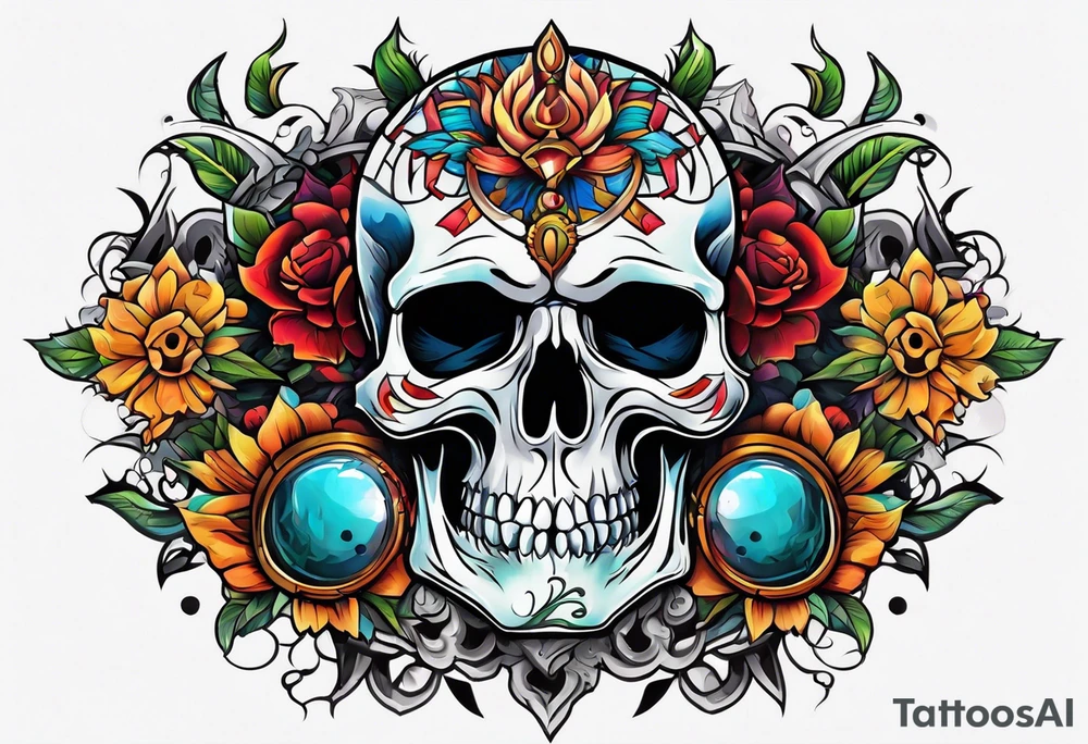 Bright bold Neo traditional broken skull with third eye tattoo idea