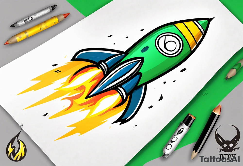 Simple cartoon rocket in green, gray, yellow, blue

Fire coming out the rocket

Black ring around the rocket with 26.2 written at the 10 o'clock position tattoo idea
