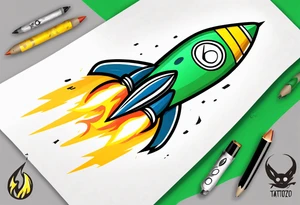 Simple cartoon rocket in green, gray, yellow, blue

Fire coming out the rocket

Black ring around the rocket with 26.2 written at the 10 o'clock position tattoo idea