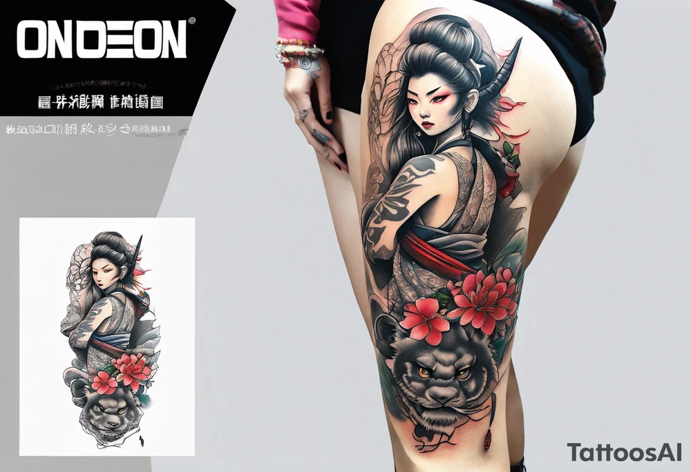 leg tattoo, full leg, oni, girl, oni girl, samurai, japanise style tattoo idea