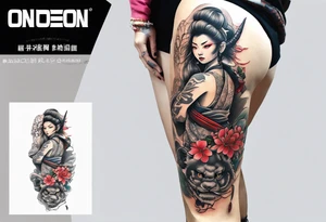 leg tattoo, full leg, oni, girl, oni girl, samurai, japanise style tattoo idea