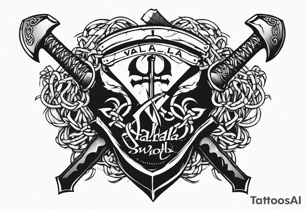 Valhalla sword round shield axe barbed wire chains tattoo idea