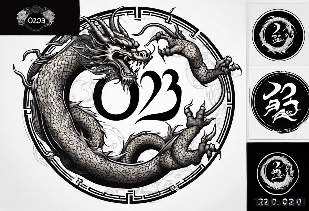Chinese dragon in a circular shape with "02.03" written on its skin tattoo idea