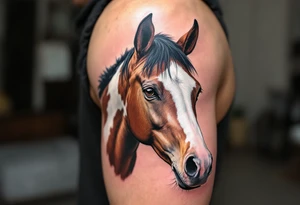 Paint Horse Portrait – A white and brown patched horse head with detailed fur texture, subtle pink muzzle and soft brown eyes, in photorealistic style. tattoo idea