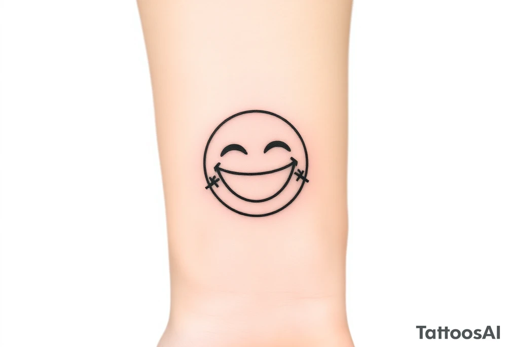 Laughing emoji with stiches tattoo idea