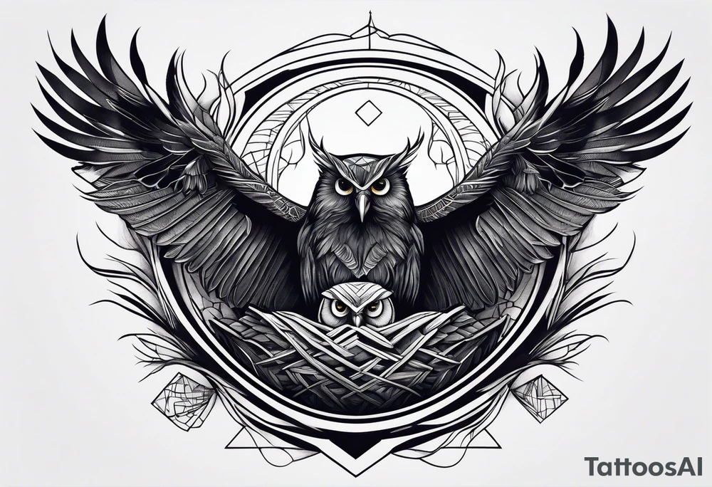 Owl, raven, eagle cuddled in a nest, looking down into the nest tattoo idea