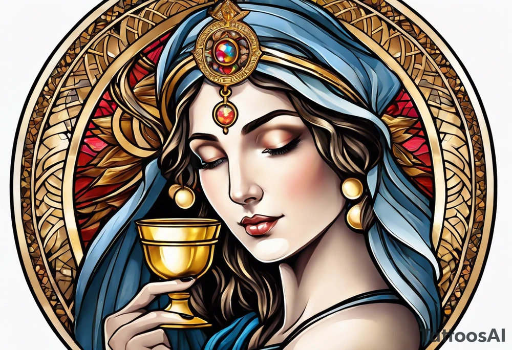 woman saint holding chalice surrounded by golden halo portrait tattoo idea