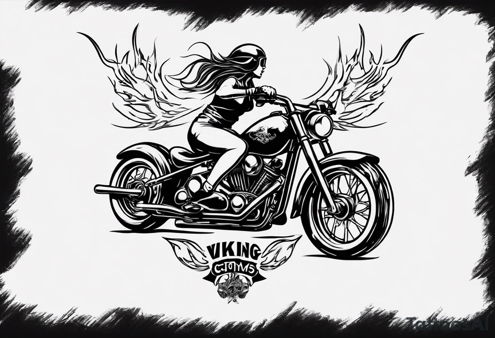 i want a tattoo of a girl riding a motorcycle with flames the words “Viking Customs” tattoo idea