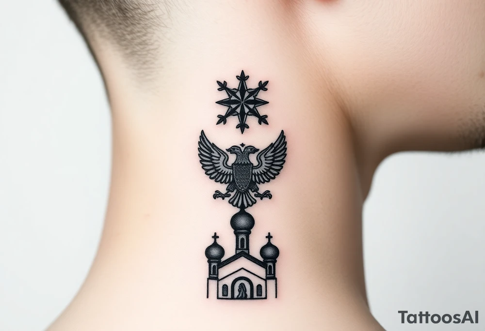 Stacked Vertical Column 

Russian star — small, bold
Middle: Miniature double-headed eagle — simplified, cleaner lines to suit the smaller space
Bottom: Orthodox church dome(s) with a small Virgin Mary silhouette beneath tattoo idea