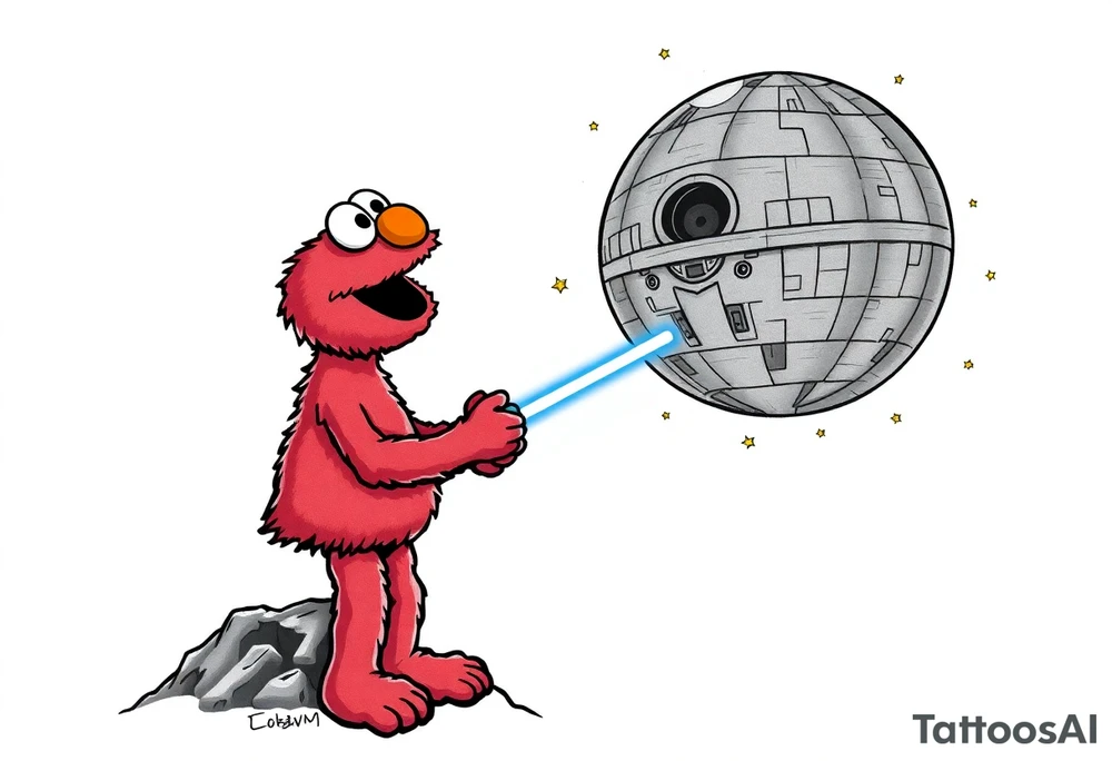 Elmo holding a lightsaber standing on a mountain looking up at the deathstar in space tattoo idea