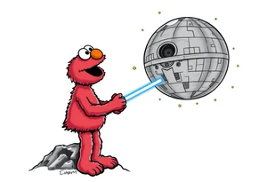 Elmo holding a lightsaber standing on a mountain looking up at the deathstar in space tattoo idea