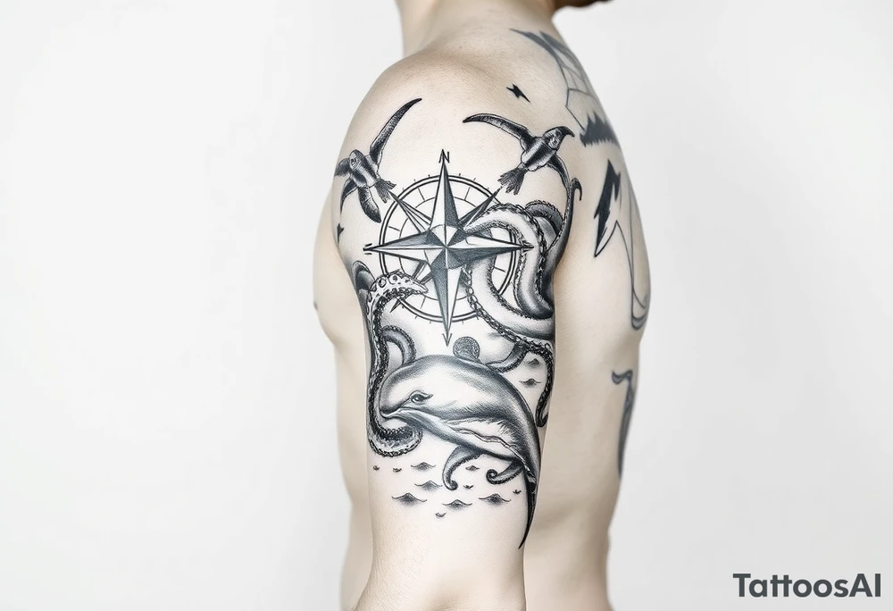 black and grey realistic full arm sleeve consisting of Compass Rose on the inner forearm as a focal point with loggerhead Turtles Swimming along the forearm, an Octopus Wrapping its tentacles around the arm,  a large whale gliding through the bicep area, and waves acting as the background to tie everything together. tattoo idea