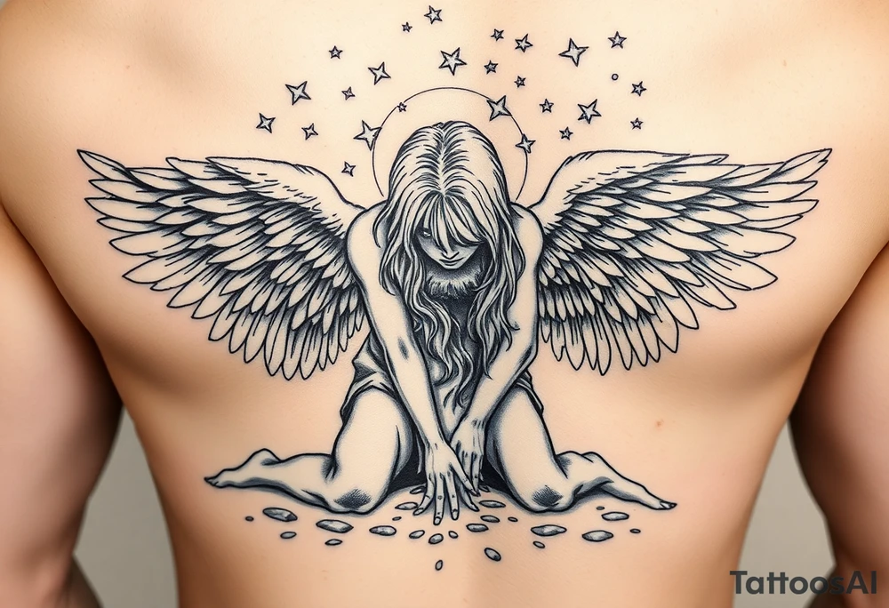 Fallen angels on knees head down looking his nonsese dropped hands on ground while his long blonde hair cover his face and his great full wings  scattered in the sky tattoo idea