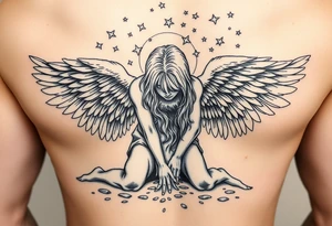 Fallen angels on knees head down looking his nonsese dropped hands on ground while his long blonde hair cover his face and his great full wings  scattered in the sky tattoo idea