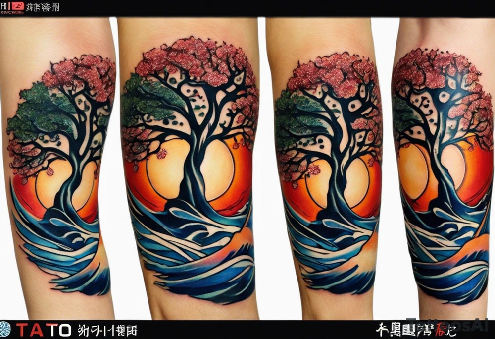 A tattoo of an abstract Tree of Life tattoo to be placed directly on the bicep of a woman. It can wrap around the arm a little. It should have roots growing out of the bottom. The roots slowly turn into water from the Great Wave by Hokusai. A golf flag should be placed discreetly growing out of the ground. 2 license plate tags should be hanging from the tree. Place a few music notes in the areas the leaves should be. The letters A U should be engraving into the tree trunk in a heart. Not inside a circle. The overall shape of the tattoo should be organic. Black and white only. tattoo idea