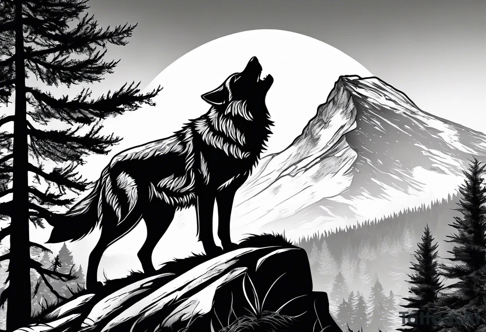A wolf howling at the full monn on top of a rock surrounded by trees tattoo idea