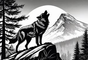 A wolf howling at the full monn on top of a rock surrounded by trees tattoo idea