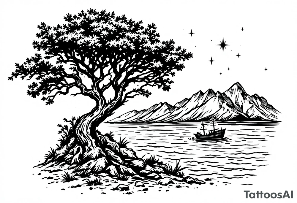 tattoo that has an acacia tree with mountains, ocean with a ship wreck and the northern star tattoo idea