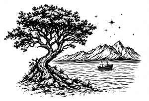 tattoo that has an acacia tree with mountains, ocean with a ship wreck and the northern star tattoo idea