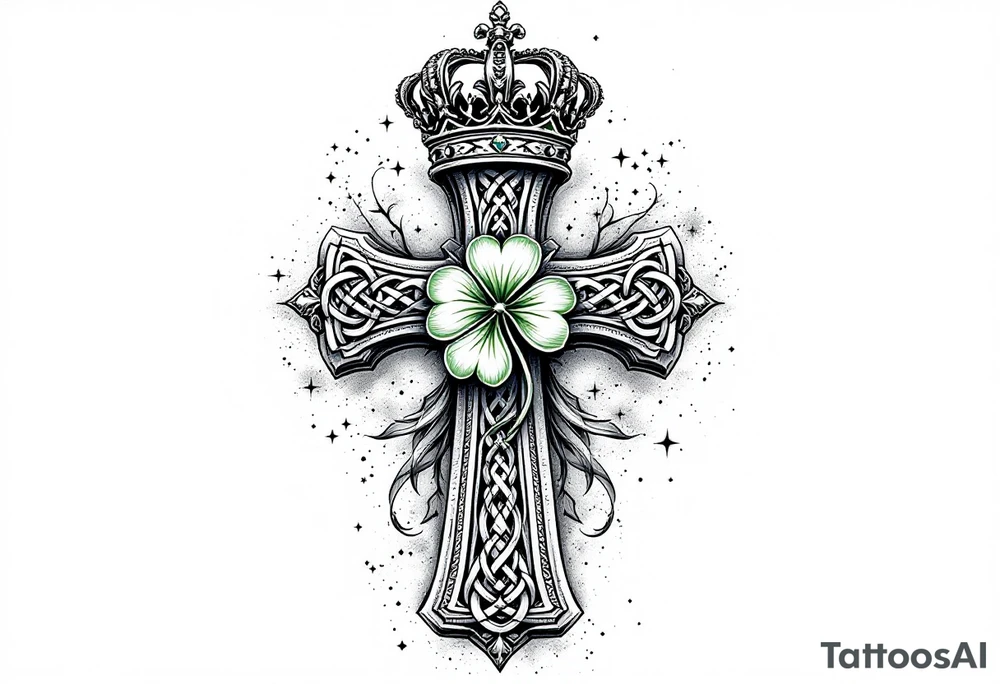 Celtic cross tattoo featuring intricate knotwork patterns along the arms and base of the cross. At the heart of the cross, place a vibrant four-leaf clover, its leaves shaded with subtle gradients of green, symbolizing luck and unity. Above the cross, incorporate a regal crown adorned with ornate details, such as small gemstones or filigree, to signify authority and strength. The entire composition should have a balanced, harmonious feel, with the textures and shading creating a sense of depth and dimension. Surround the design with a faint aura or subtle accents, like soft wisps of light, to add a spiritual and mystical quality tattoo idea
