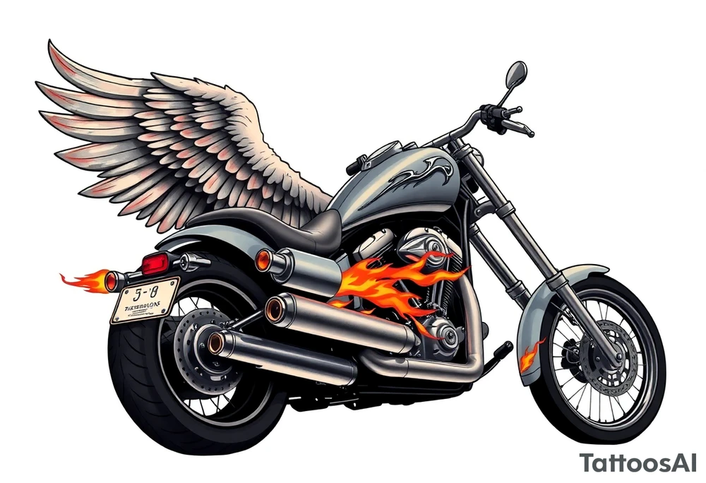 Low rider grey motorcycle, big muffler pipes with flames, angel wings, driving away, no person tattoo idea