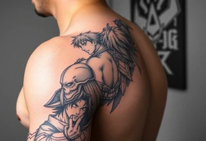 Battle royal anime sleeve with several characters from different Manga tattoo idea