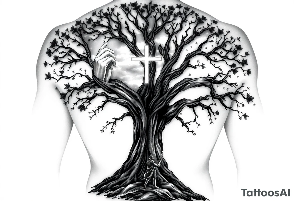 A highly detailed black and grey realism tattoo sleeve design that tells a story of faith, family, and perseverance. A large, deeply rooted tree with strong branches represents family and growth. Within the bark of the tree, hidden images of hands clasped together and a father guiding a child can be seen. A distant cross glows subtly through a stormy sky, symbolizing divine guidance. A warrior stands at the base of the tree, looking toward the cross, representing endurance through hardship. The design blends realism and abstract elements, with deep shadows at the base fading into light near the shoulder. tattoo idea