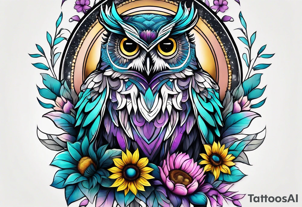 Leg Sleeve with black and white owl that's lightly shaded teal, pink and purple and yellow sunflowers tattoo idea