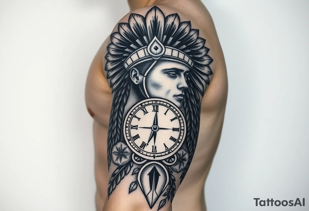 headdress a compass and a clock and arrowhead tattoo idea