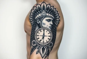 headdress a compass and a clock and arrowhead tattoo idea